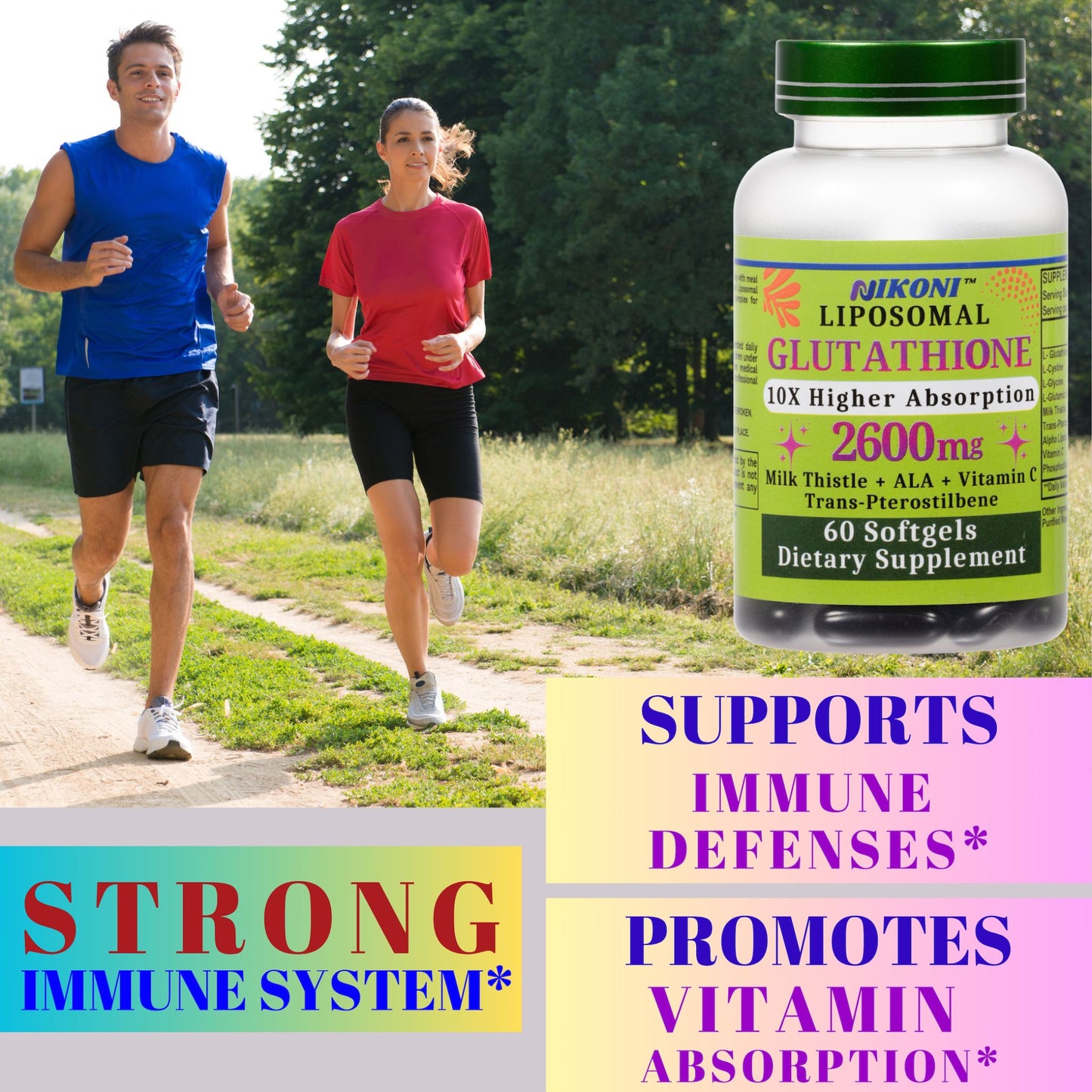 Nikoni Liposomal Glutathione 2600 mg Softgels for Skin Health, Immune Health, and Detox.