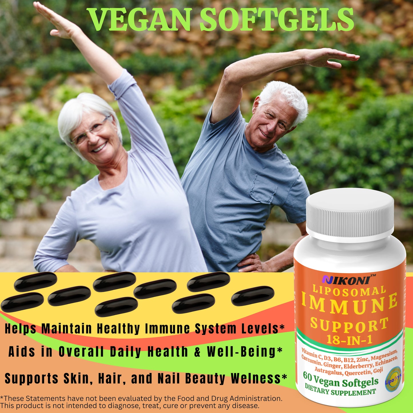 Nikoni Vegan Liposomal Immune Support Softgels – 18-in-1 Formula with Vitamin C, Zinc, Vitamin D3, Echinacea, Elderberry & Curcumin Vegan Softgels