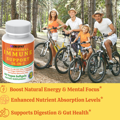 Nikoni Vegan Liposomal Immune Support Softgels – 18-in-1 Formula with Vitamin C, Zinc, Vitamin D3, Echinacea, Elderberry & Curcumin Vegan Softgels