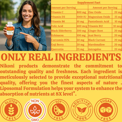 Nikoni Vegan Liposomal Immune Support Softgels – 18-in-1 Formula with Vitamin C, Zinc, Vitamin D3, Echinacea, Elderberry & Curcumin Vegan Softgels