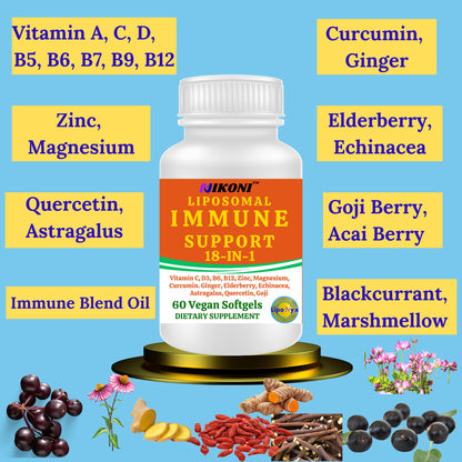 Nikoni Vegan Liposomal Immune Support Softgels – 18-in-1 Formula with Vitamin C, Zinc, Vitamin D3, Echinacea, Elderberry & Curcumin Vegan Softgels