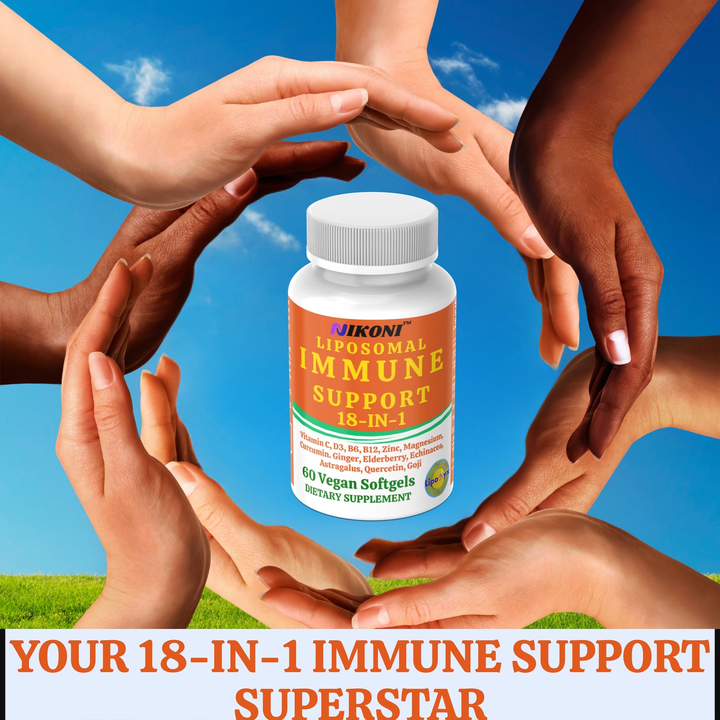 Nikoni Vegan Liposomal Immune Support Softgels – 18-in-1 Formula with Vitamin C, Zinc, Vitamin D3, Echinacea, Elderberry & Curcumin Vegan Softgels