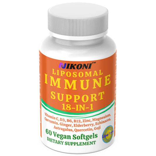 Nikoni Vegan Liposomal Immune Support Softgels – 18-in-1 Formula with Vitamin C, Zinc, Vitamin D3, Echinacea, Elderberry & Curcumin Vegan Softgels