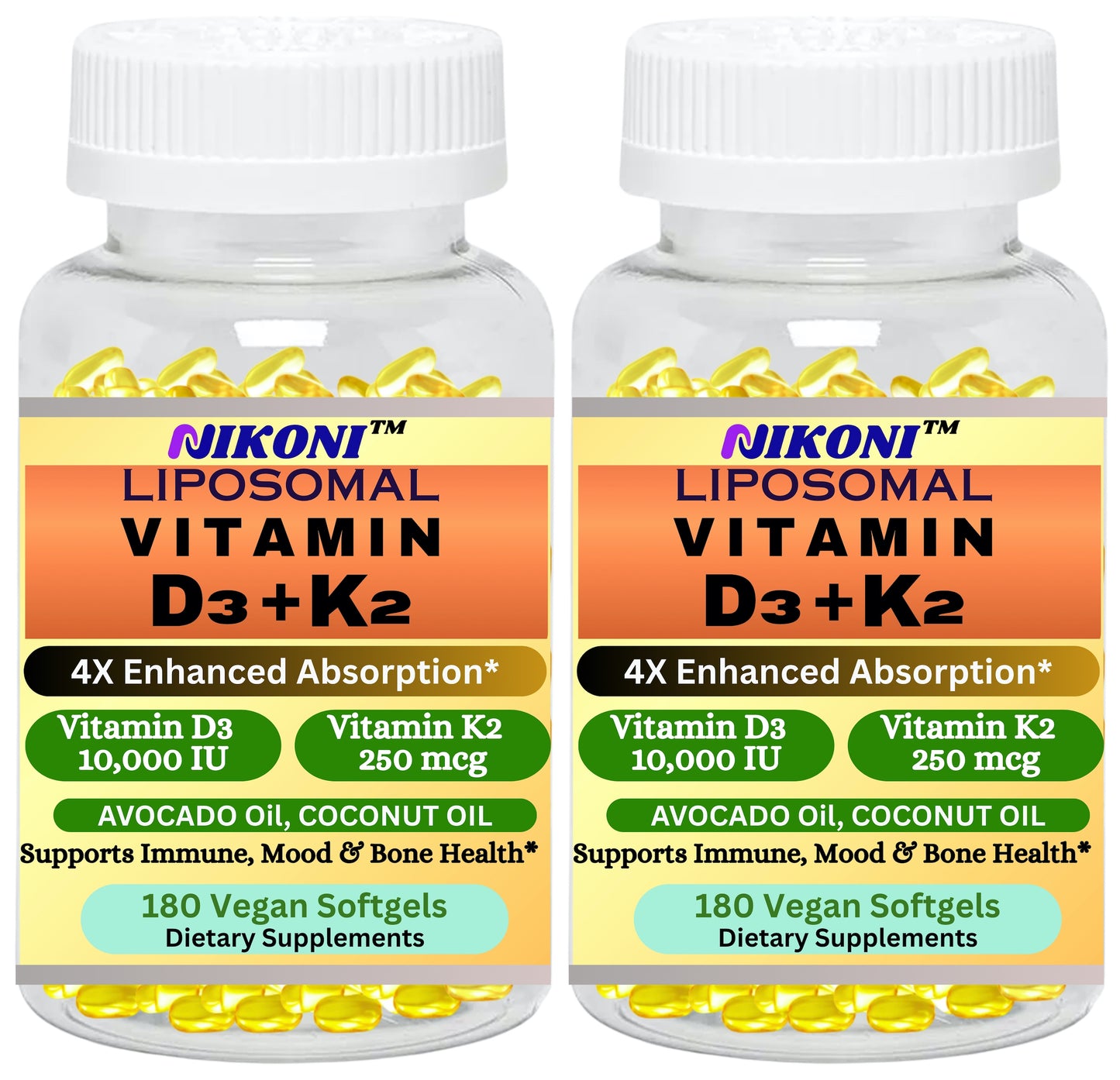 Nikoni Liposomal Vitamin D3 10000 IU, Vitamin K2 250 mcg, Vegan Softgels Supports  Bone Health
