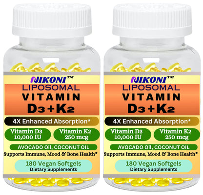 Nikoni Liposomal Vitamin D3 10000 IU, Vitamin K2 250 mcg, Vegan Softgels Supports  Bone Health