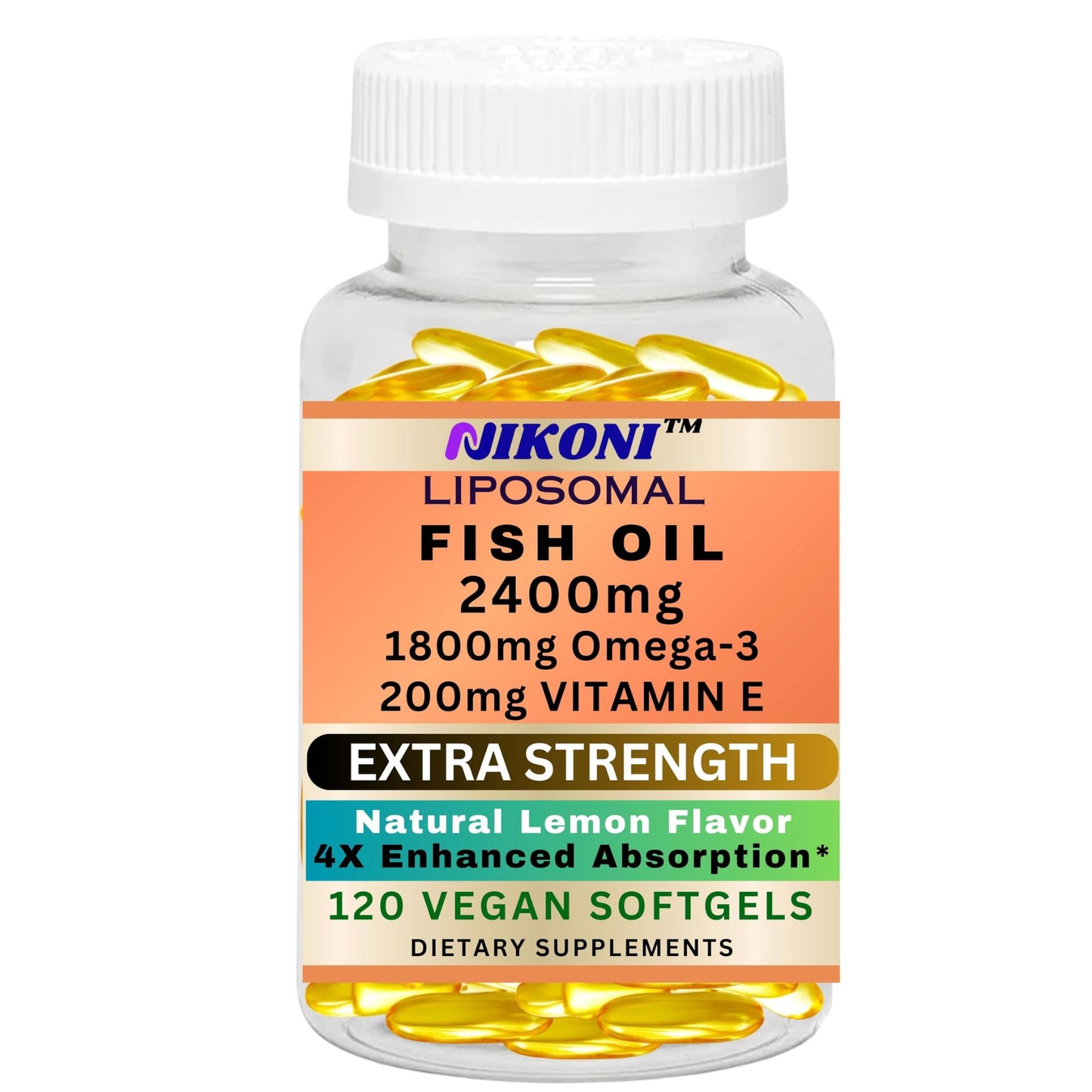 Nikoni Liposomal Lemon Flavored Fish Oil 2400 mg with 200 mg of Vitamin E  Vegan Softgels