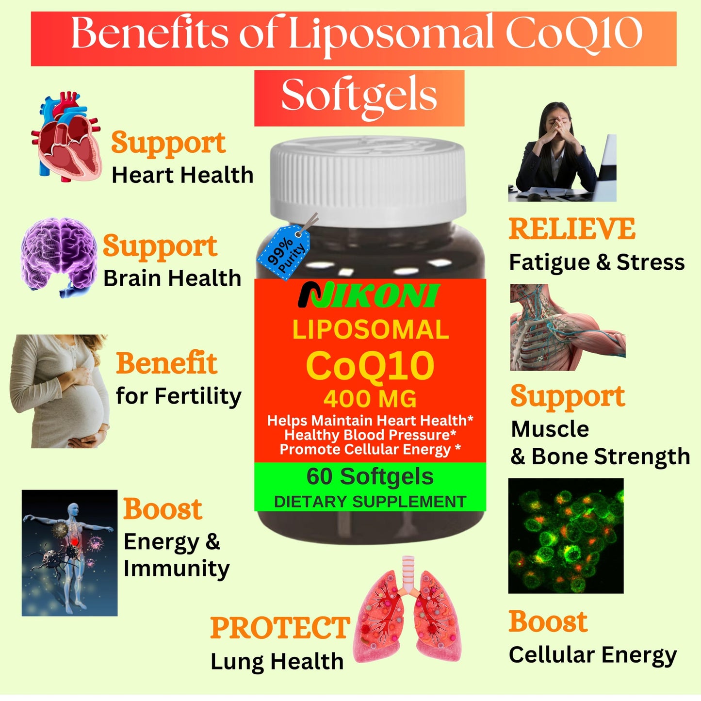 Nikoni Liposomal CoQ10 400 mg, Higher Absorption, Heart Health Softgels