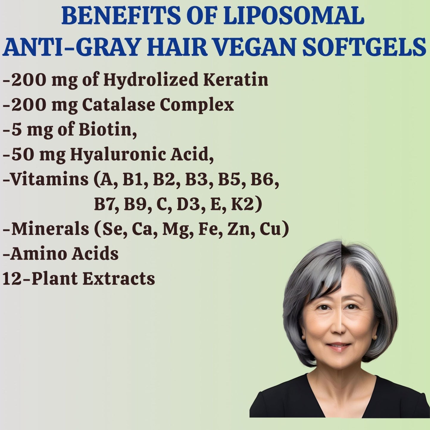 Nikoni Liposomal Anti Gray Hair Formula – 7 Vitamins, 6 Minerals, 5 Amino Acids & 12 Plant Extracts, for Healthy Hair Maintenance– 120 Vegan Softgels