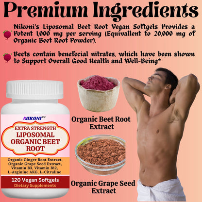 Nikoni Organic Liposomal Beet Root  Vegan Softgels, 1000 mg for Circulatory Support