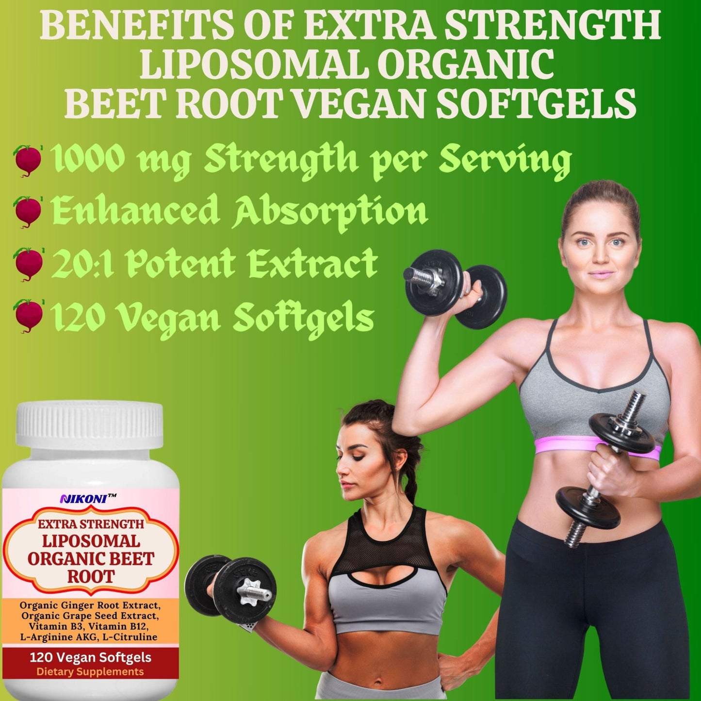 Nikoni Organic Liposomal Beet Root  Vegan Softgels, 1000 mg for Circulatory Support