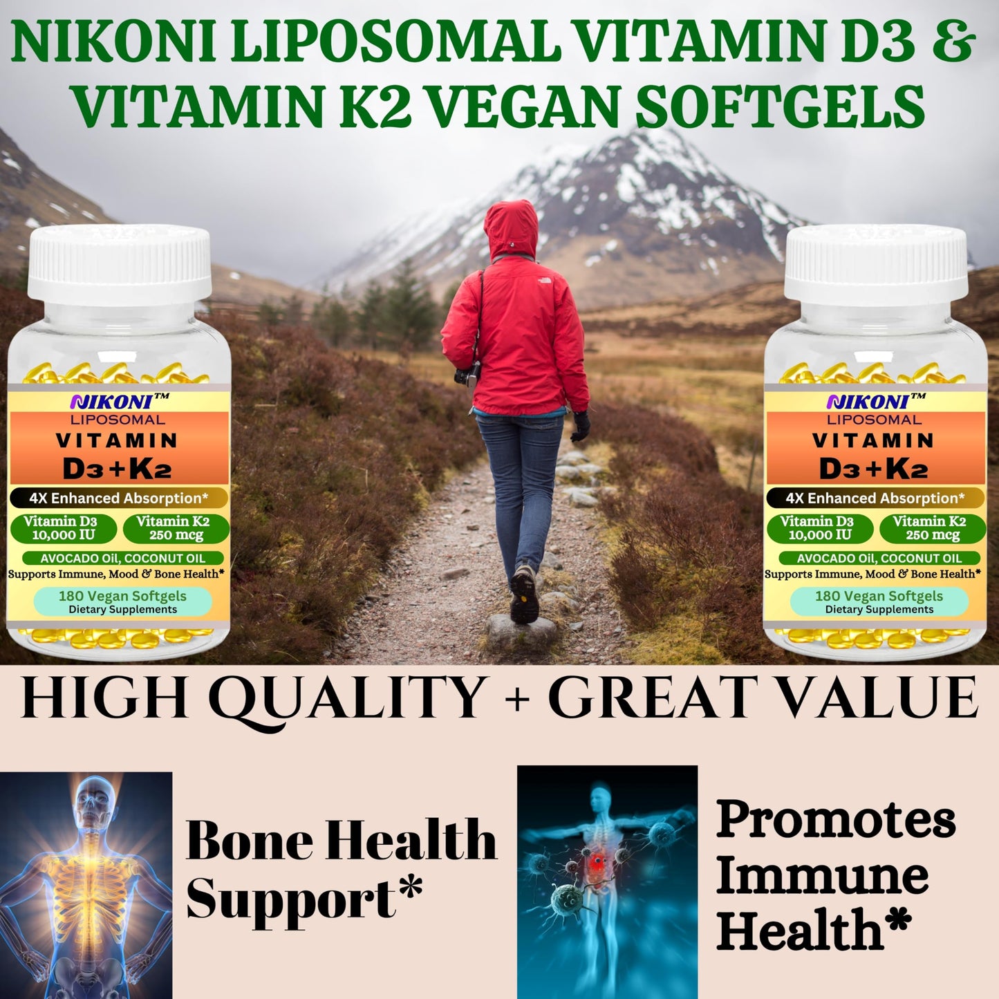 Nikoni Liposomal Vitamin D3 10000 IU, Vitamin K2 250 mcg, Vegan Softgels Supports  Bone Health
