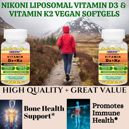 Nikoni Liposomal Vitamin D3 10000 IU, Vitamin K2 250 mcg, Vegan Softgels Supports  Bone Health