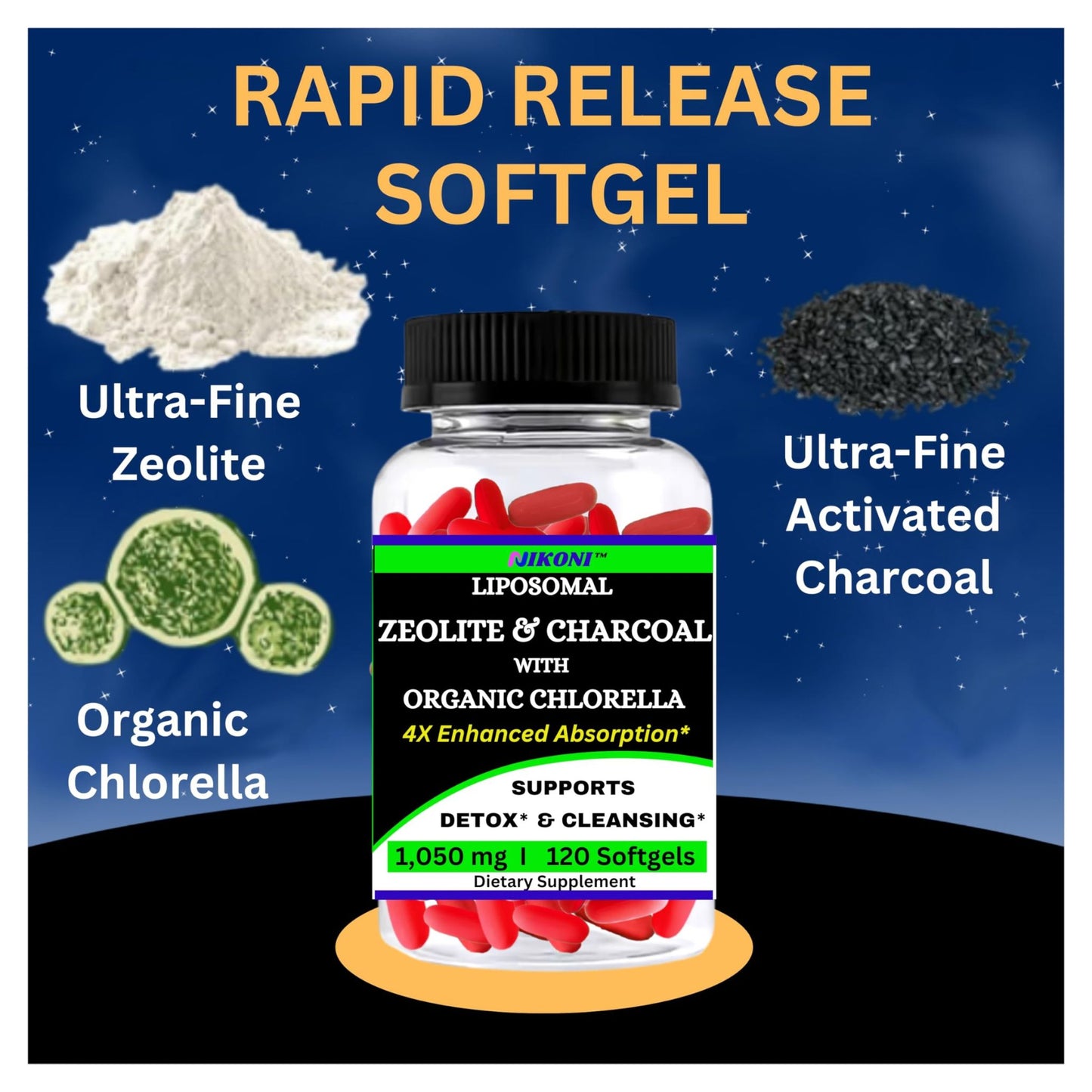 Nikoni Vegan Liposomal Zeolite, Activated Charcoal & Organic Chlorella, Supports Full Body Detox