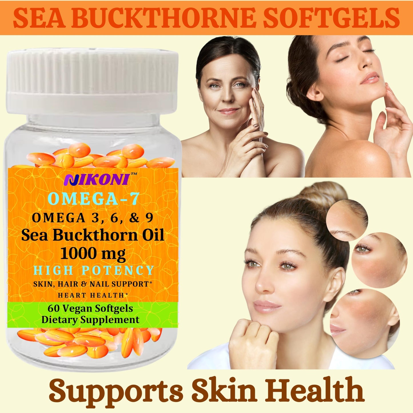 Nikoni Organic Sea Buckthorn Oil Vegan Softgels forr Healthy Skin, Hair, Nails