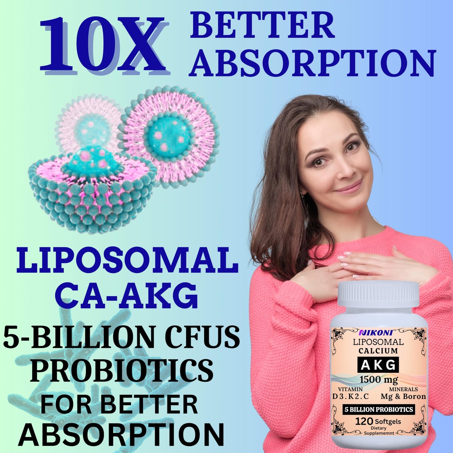 Liposomal Calcium AKG 1500mg, Vitamin C, D3, K2, Mg+ & Probiotics Soft gels