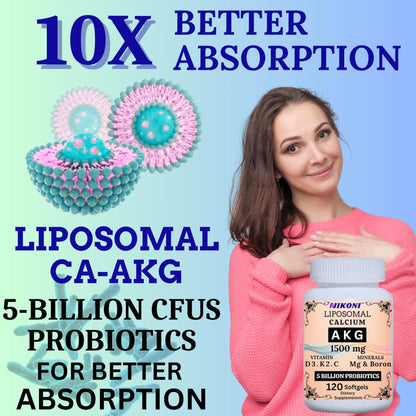 Liposomal Calcium AKG 1500mg, Vitamin C, D3, K2, Mg+ & Probiotics Soft gels
