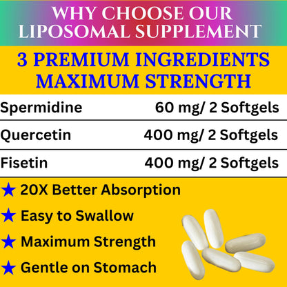 Nikoni Liposomal Spermidine, Quercetin, Fisetin Softgels for Healthy Aging, Cellular Renewal.