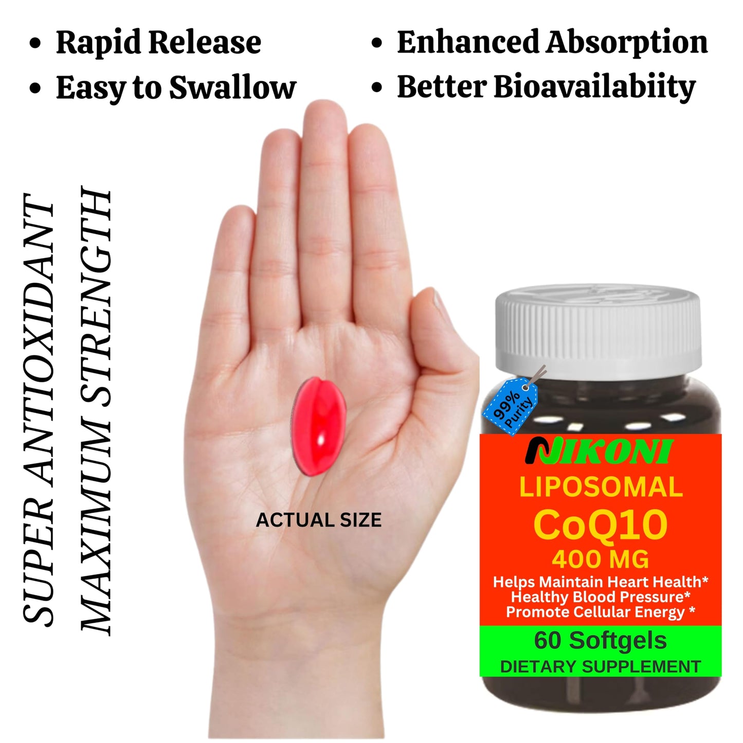 Nikoni Liposomal CoQ10 400 mg, Higher Absorption, Heart Health Softgels