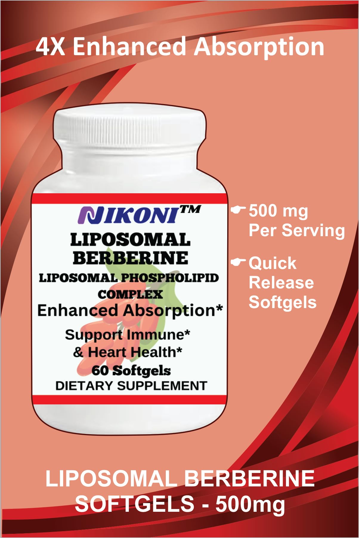 Nikoni Liposomal Berberine 500 mg Support Heart Health & Cholesterol 60 Softgels
