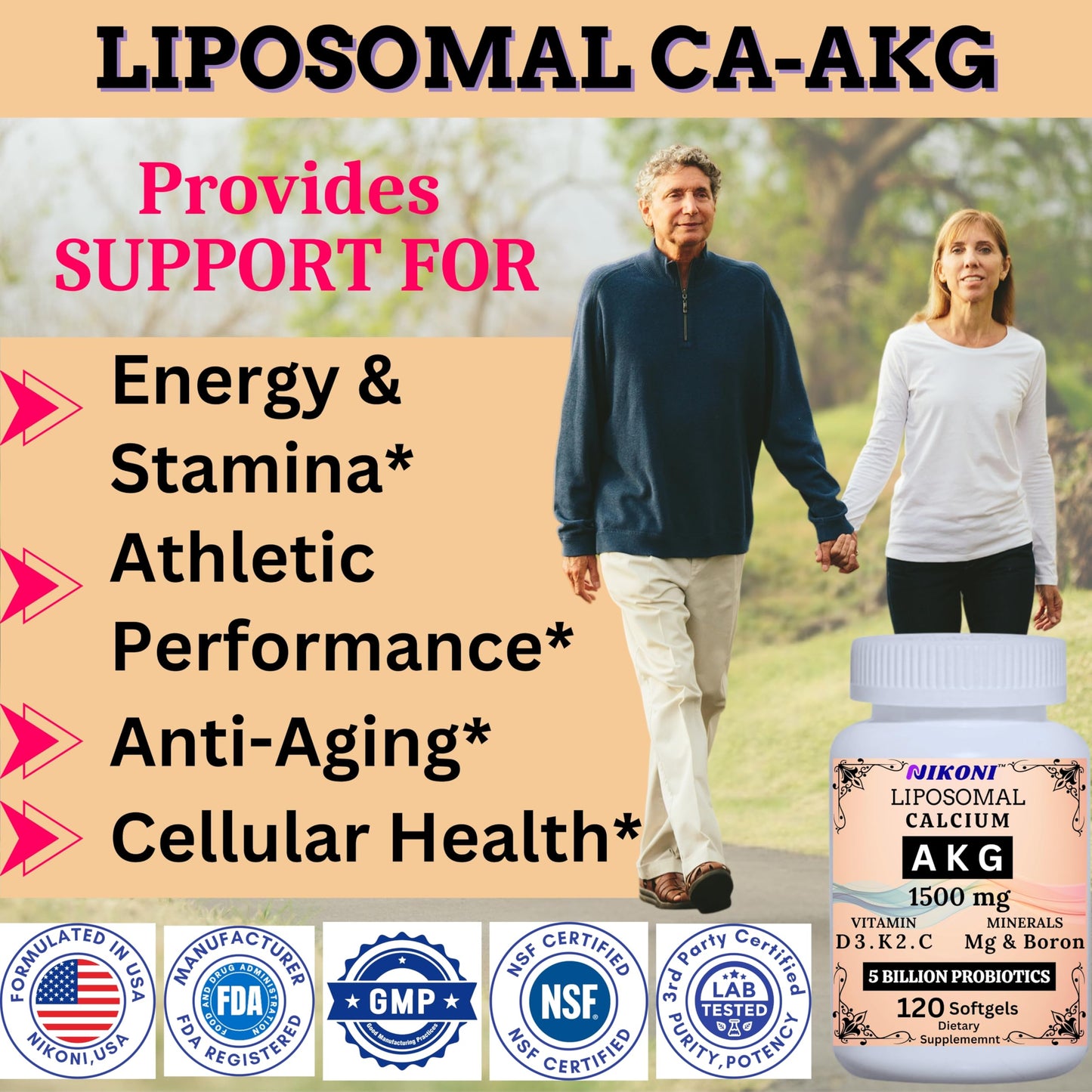 Liposomal Calcium AKG 1500mg, Vitamin C, D3, K2, Mg+ & Probiotics Soft gels