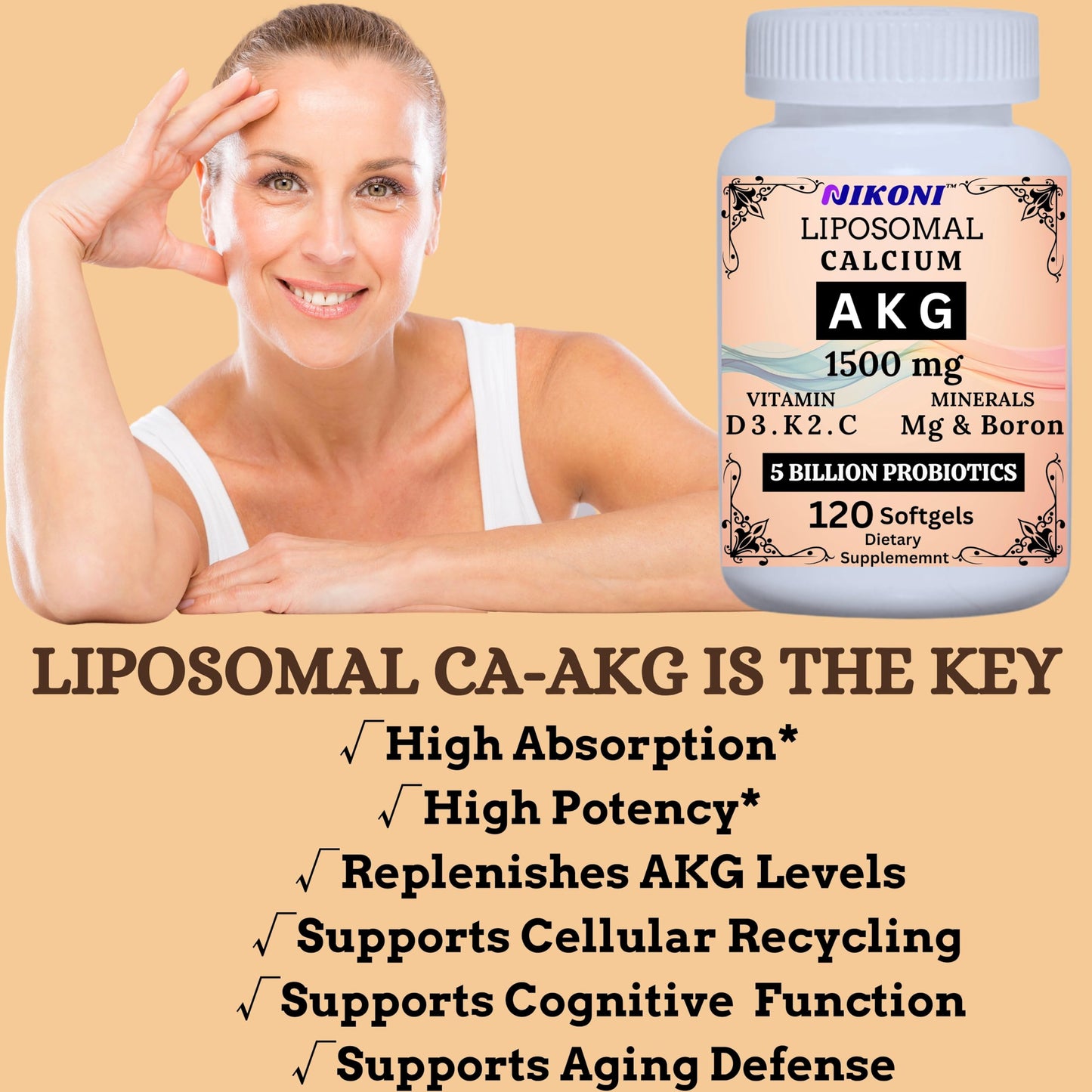 Liposomal Calcium AKG 1500mg, Vitamin C, D3, K2, Mg+ & Probiotics Soft gels