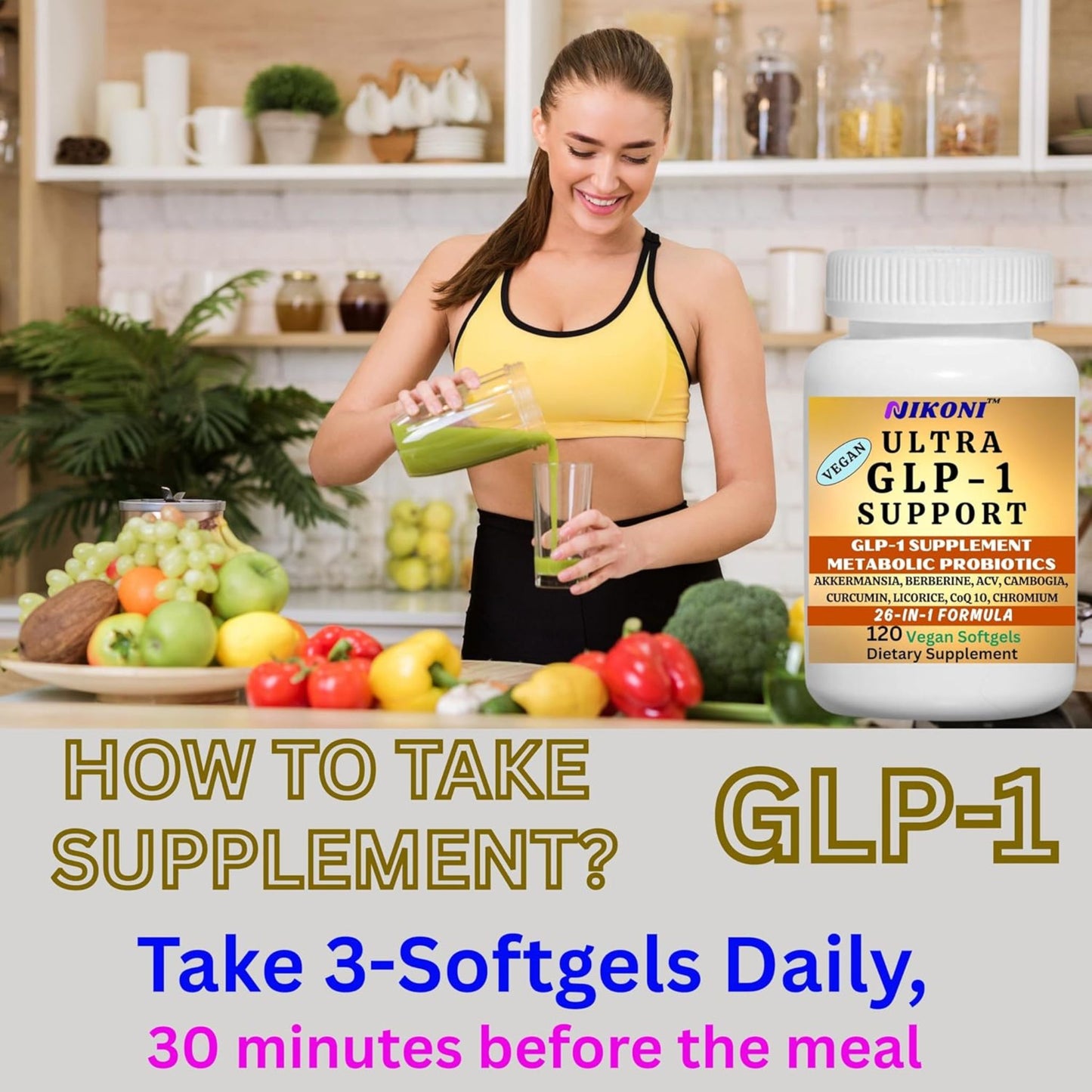 Nikoni GLP-1 Supplement with Akkermansia, Berberine, Curcumin, ACV Vegan Softgels