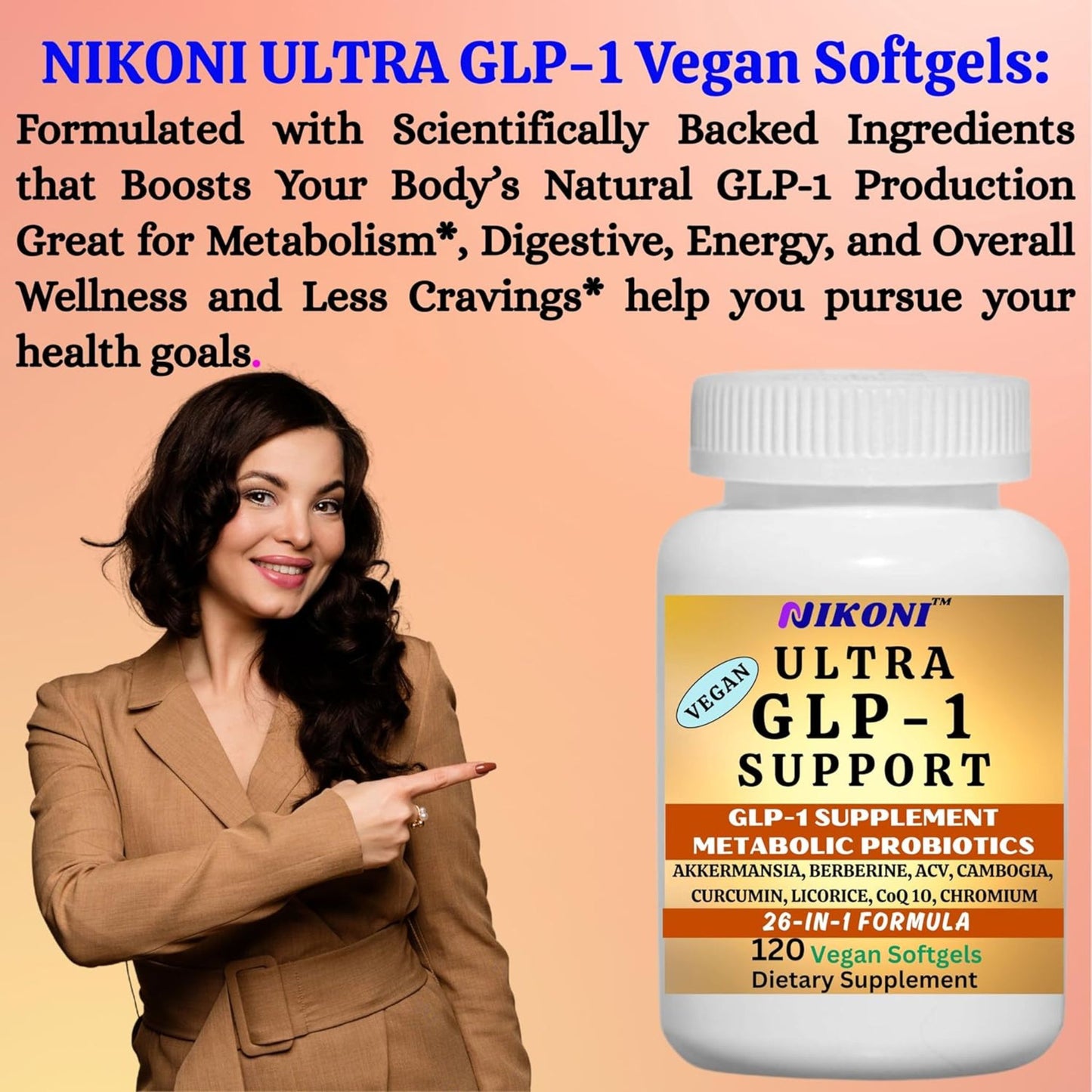 Nikoni GLP-1 Supplement with Akkermansia, Berberine, Curcumin, ACV Vegan Softgels