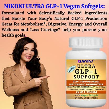 Nikoni GLP-1 Supplement with Akkermansia, Berberine, Curcumin, ACV Vegan Softgels