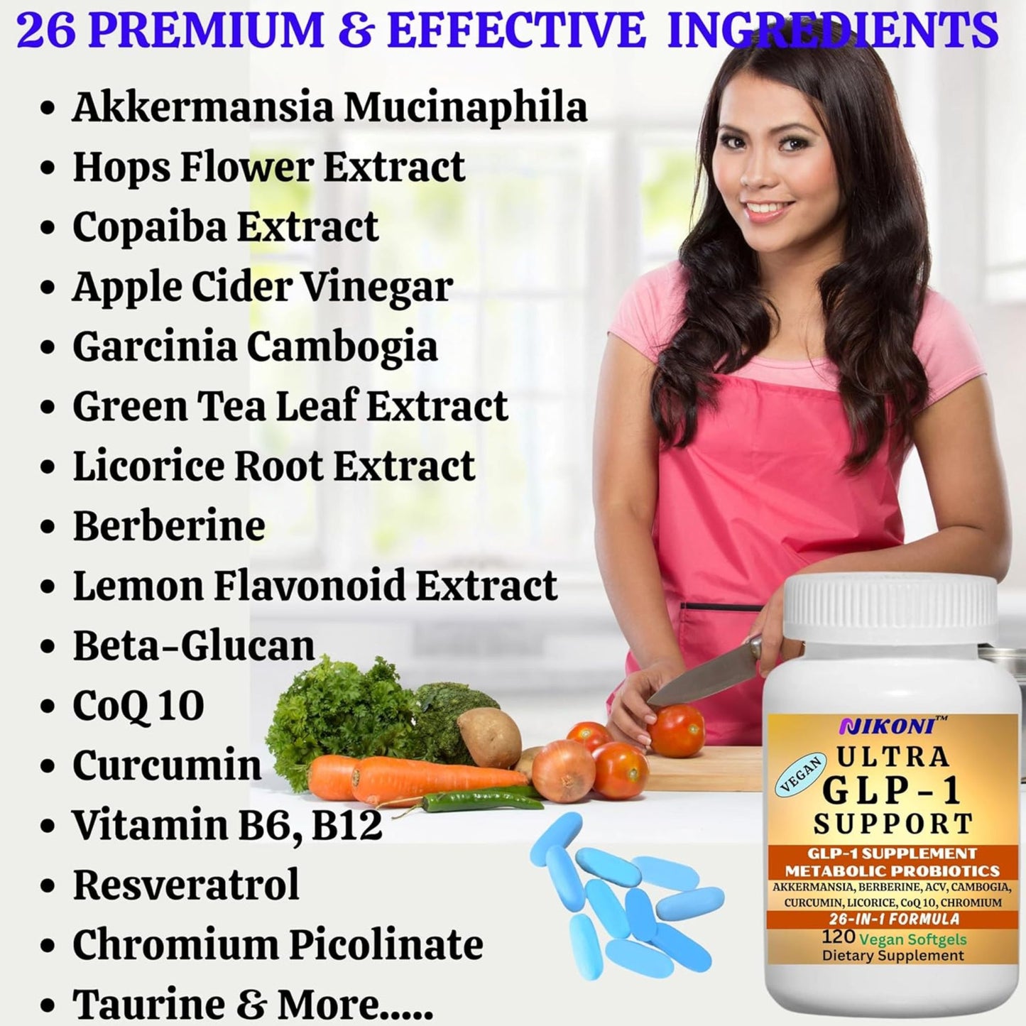 Nikoni GLP-1 Supplement with Akkermansia, Berberine, Curcumin, ACV Vegan Softgels