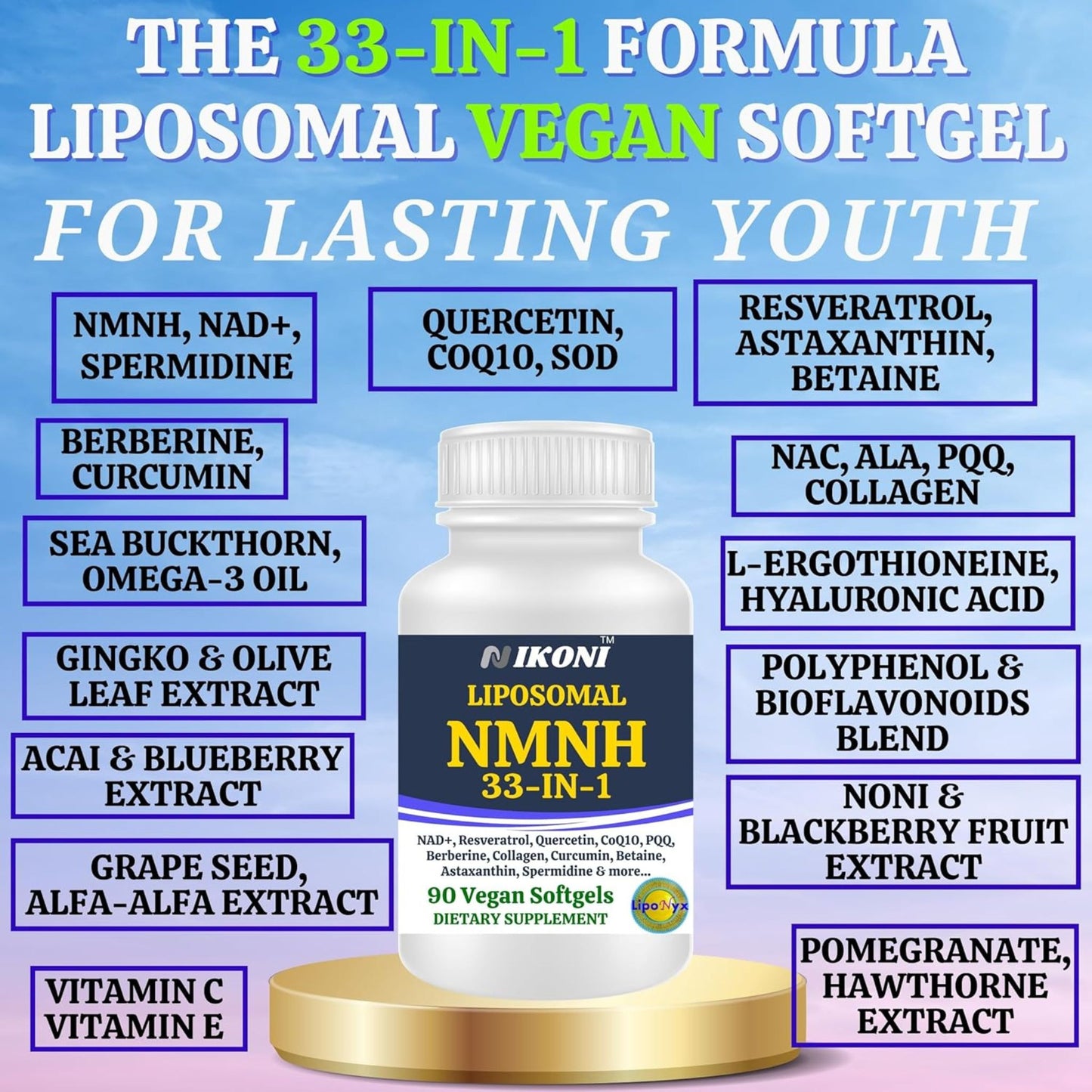 Nikoni Vegan Liposomal NMNH Softgels, 33-in-1 Formula with 1000mg NMNH per seving, NAD+ Support – Promotes Cellular Energy, Immune Health & Healthy Aging – 90 Vegan Softgels