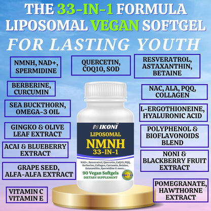 Nikoni Vegan Liposomal NMNH Softgels, 33-in-1 Formula with 1000mg NMNH per seving, NAD+ Support – Promotes Cellular Energy, Immune Health & Healthy Aging – 90 Vegan Softgels