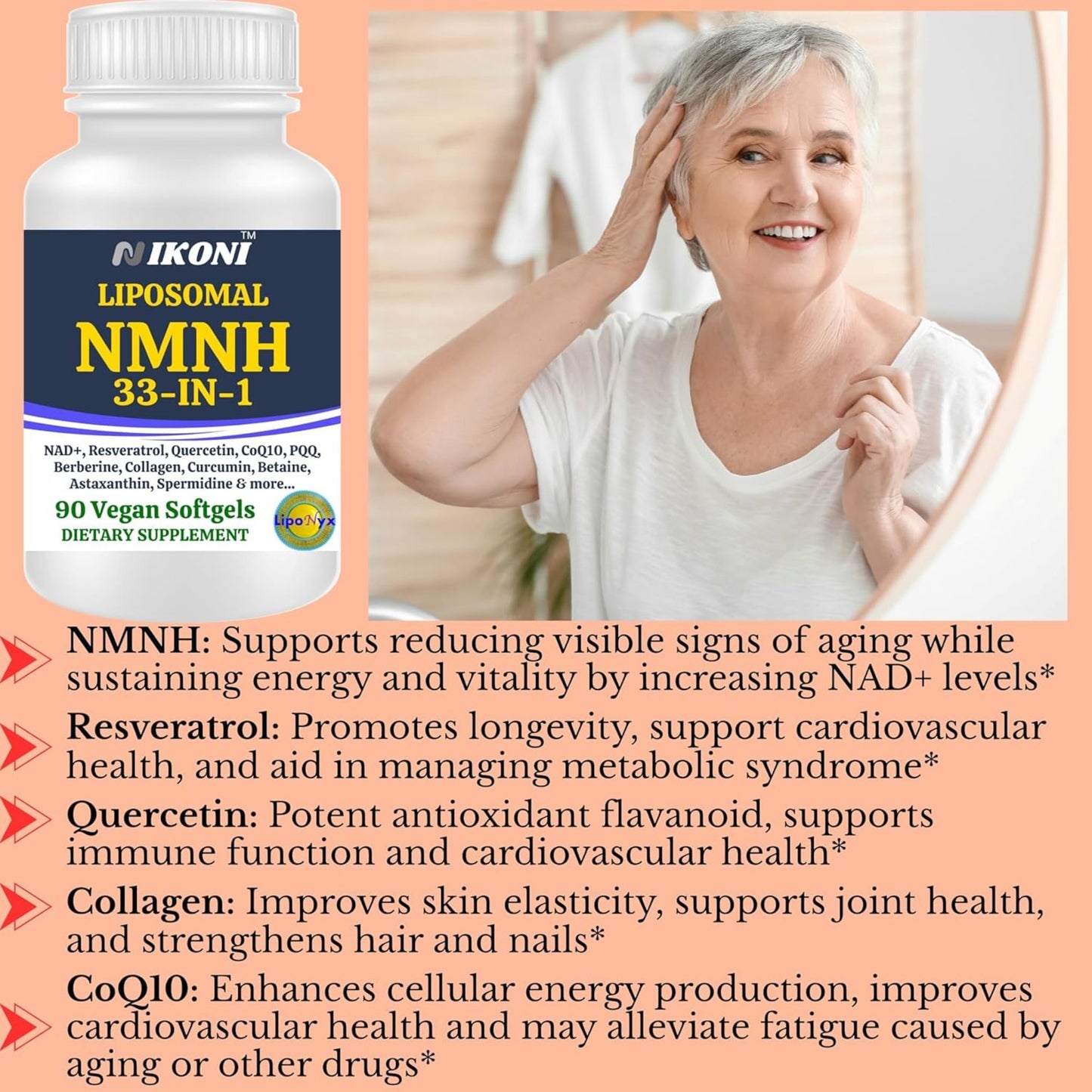 Nikoni Vegan Liposomal NMNH Softgels, 33-in-1 Formula with 1000mg NMNH per seving, NAD+ Support – Promotes Cellular Energy, Immune Health & Healthy Aging – 90 Vegan Softgels