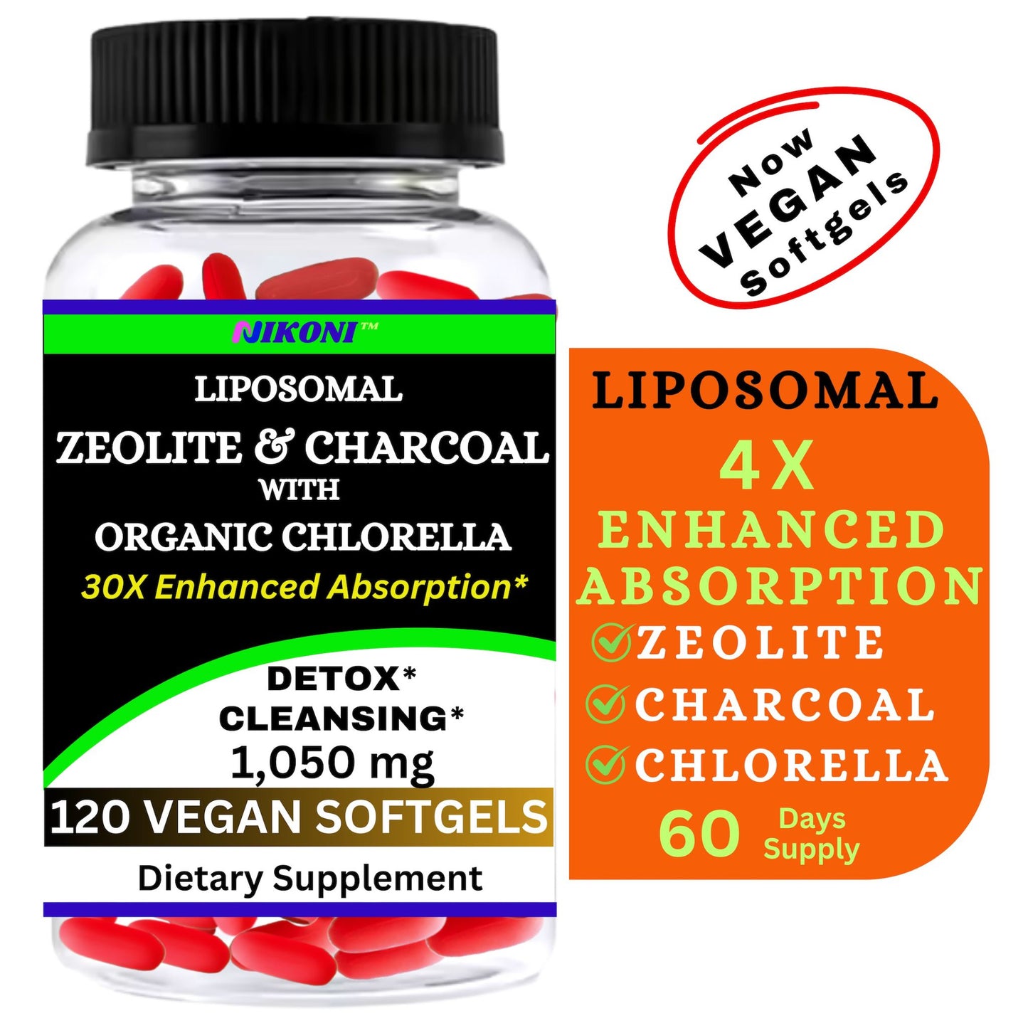 Nikoni Vegan Liposomal Zeolite, Activated Charcoal & Organic Chlorella, Supports Full Body Detox