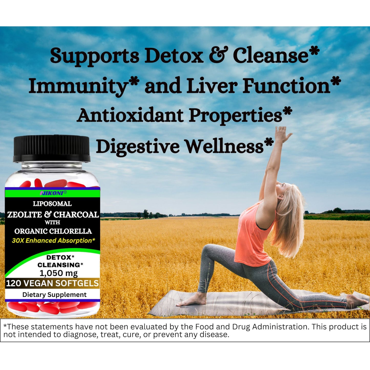 Nikoni Vegan Liposomal Zeolite, Activated Charcoal & Organic Chlorella, Supports Full Body Detox